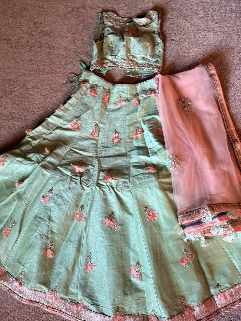 Worn once Sage Green Embroidered Lehenga Skirt with Pink Tassel Details